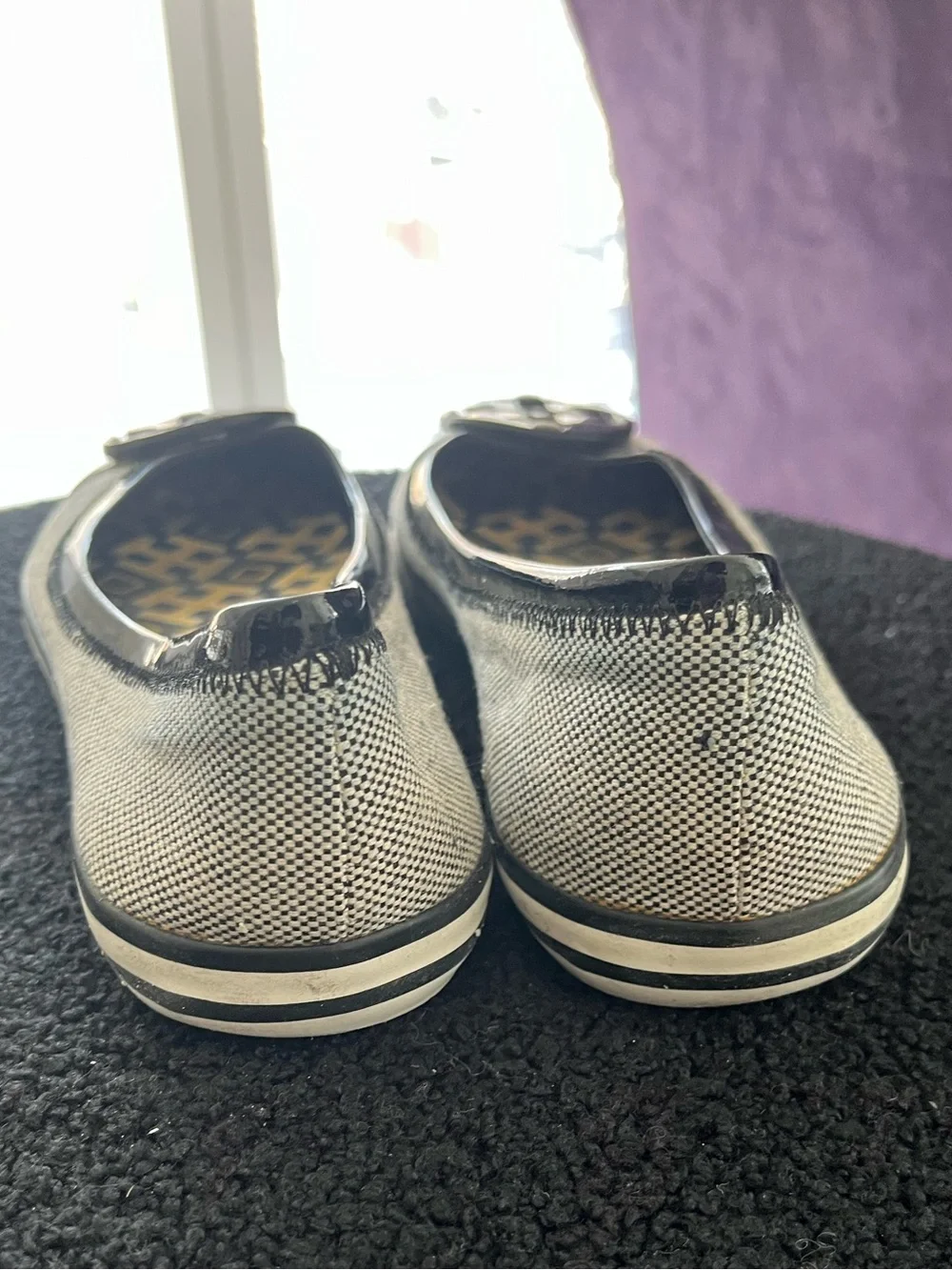 Tory Burch Metallic Logo Round-Toe Flats with Yellow-Gray Insole